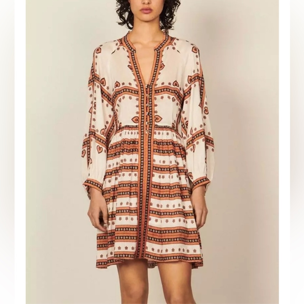 NWT Sandro Ramata Mixed Printed Linen Silk Mini Dress